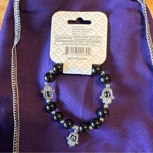 Black Beaded Bracelet with Silver Hamsa Charms